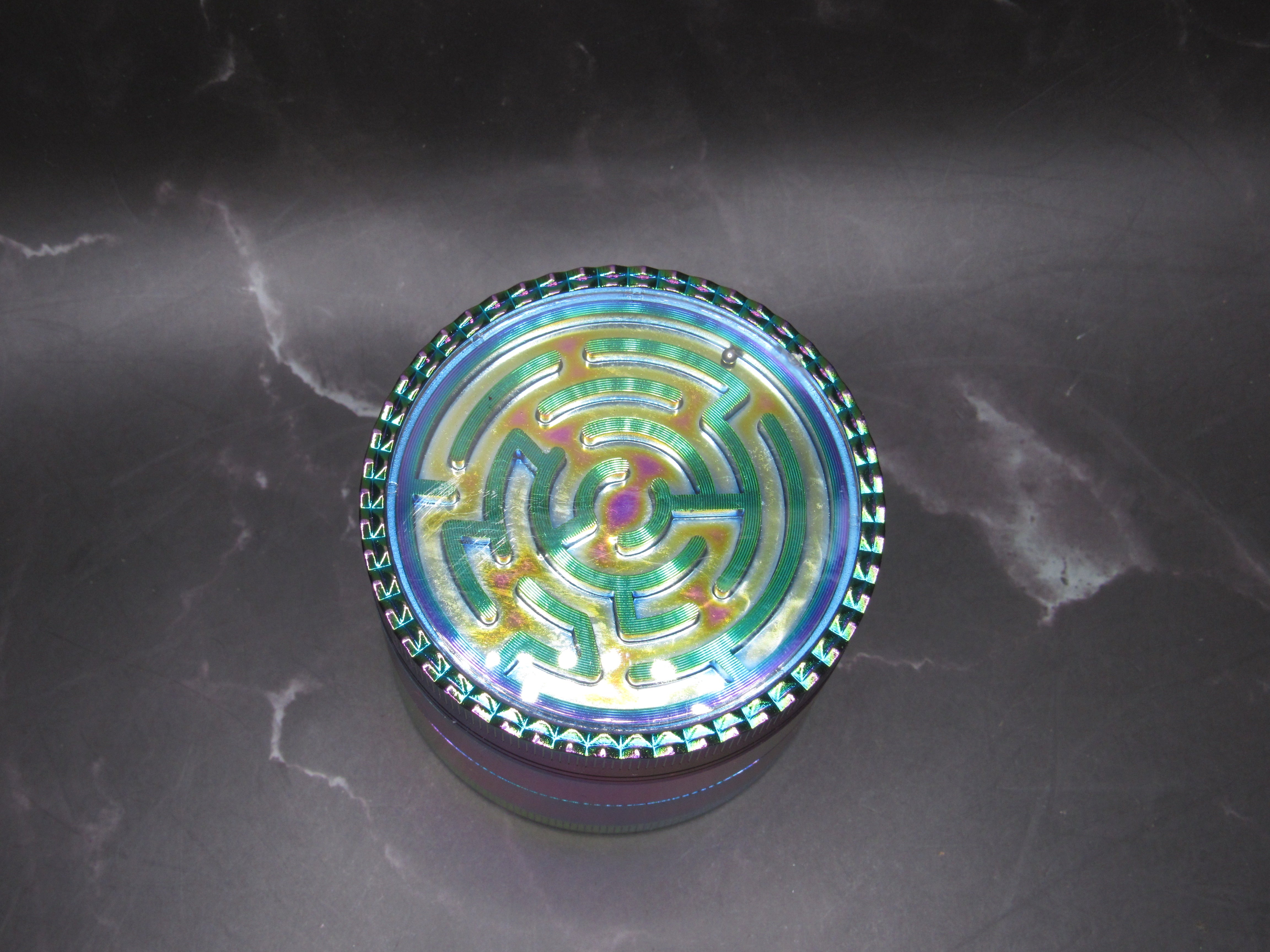 Iridescent Maze Top Herb Grinder – 4-Piece, Rainbow Titanium Finish