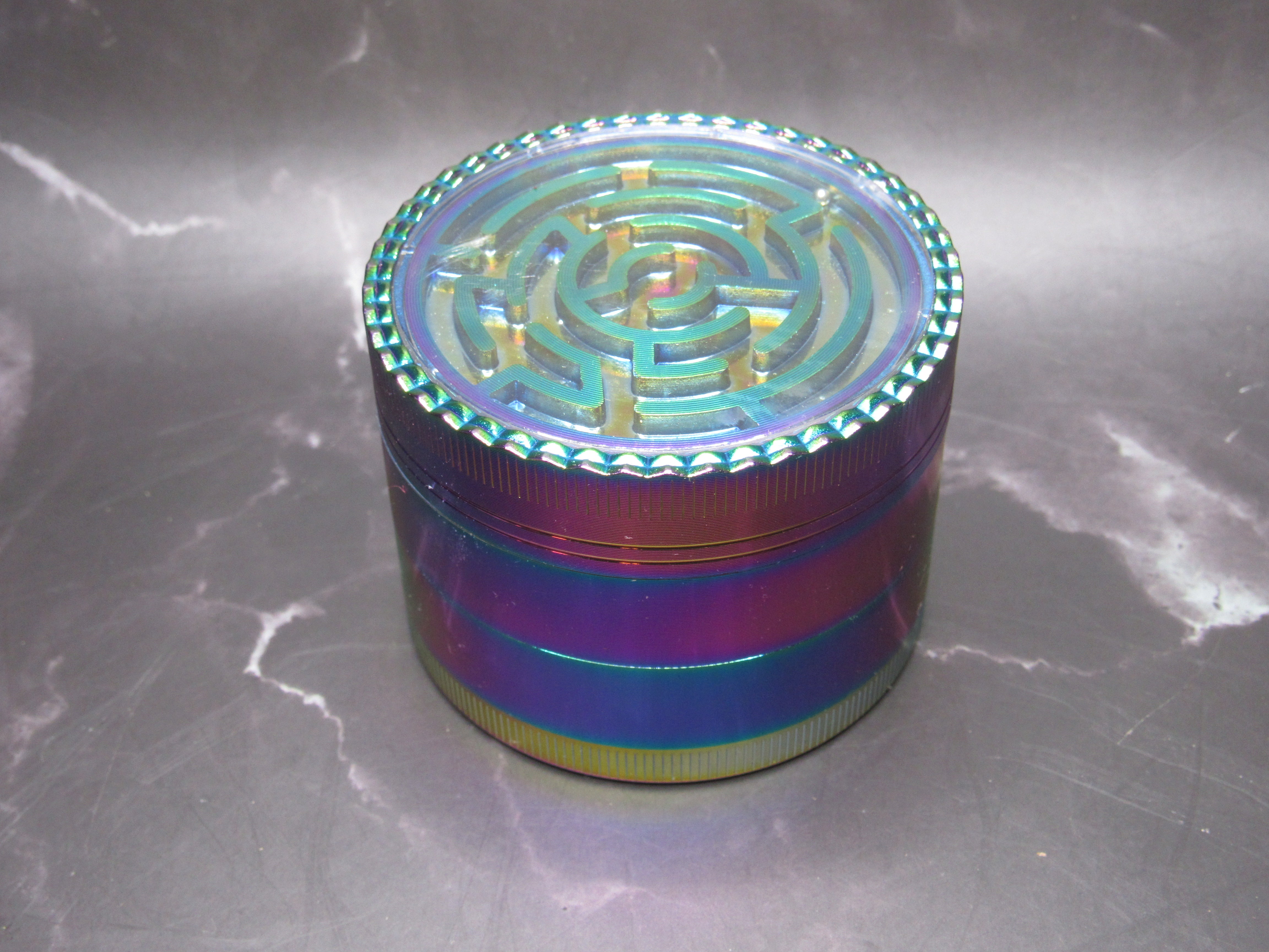 Iridescent Maze Top Herb Grinder – 4-Piece, Rainbow Titanium Finish