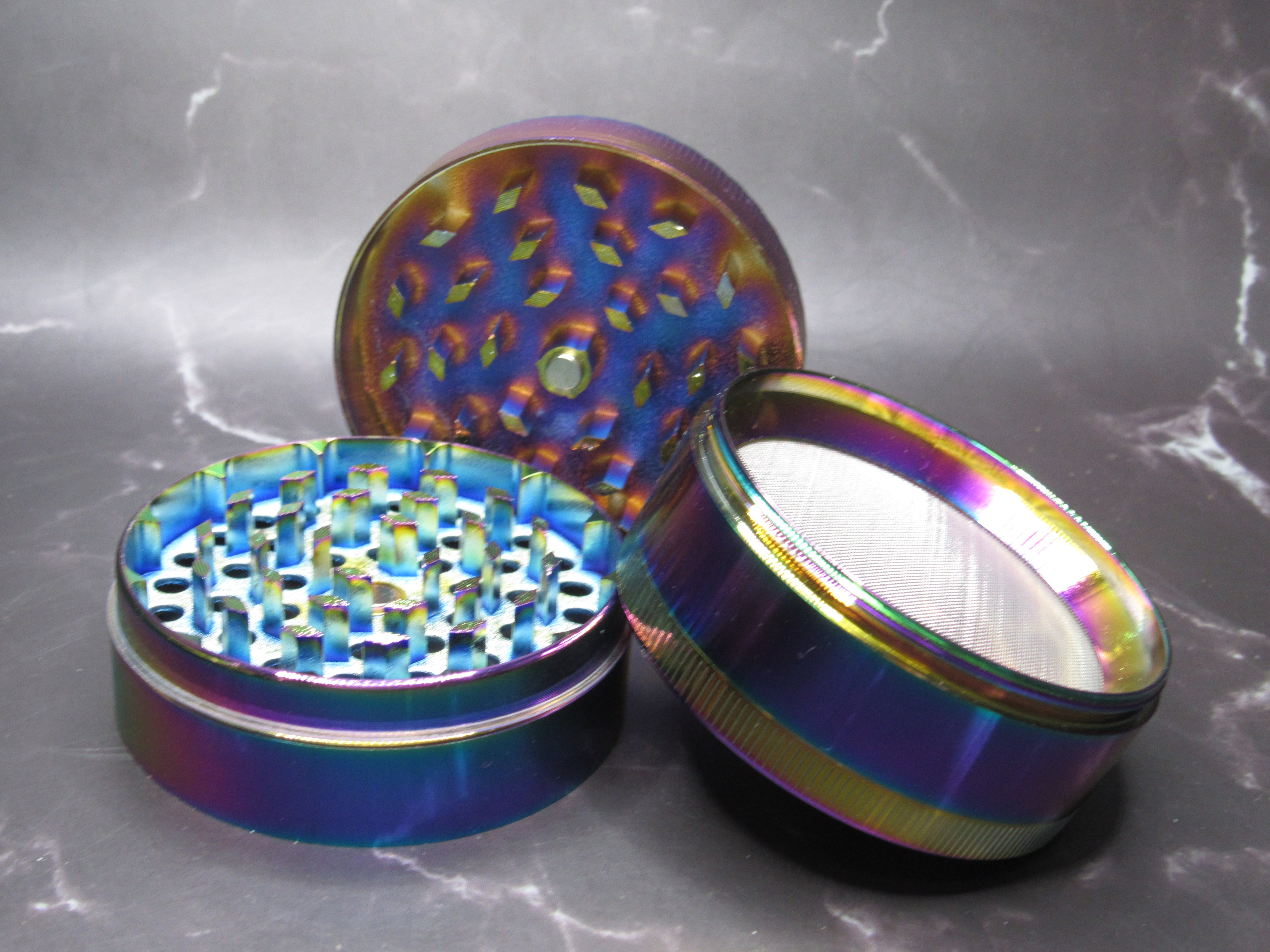 Iridescent Maze Top Herb Grinder – 4-Piece, Rainbow Titanium Finish